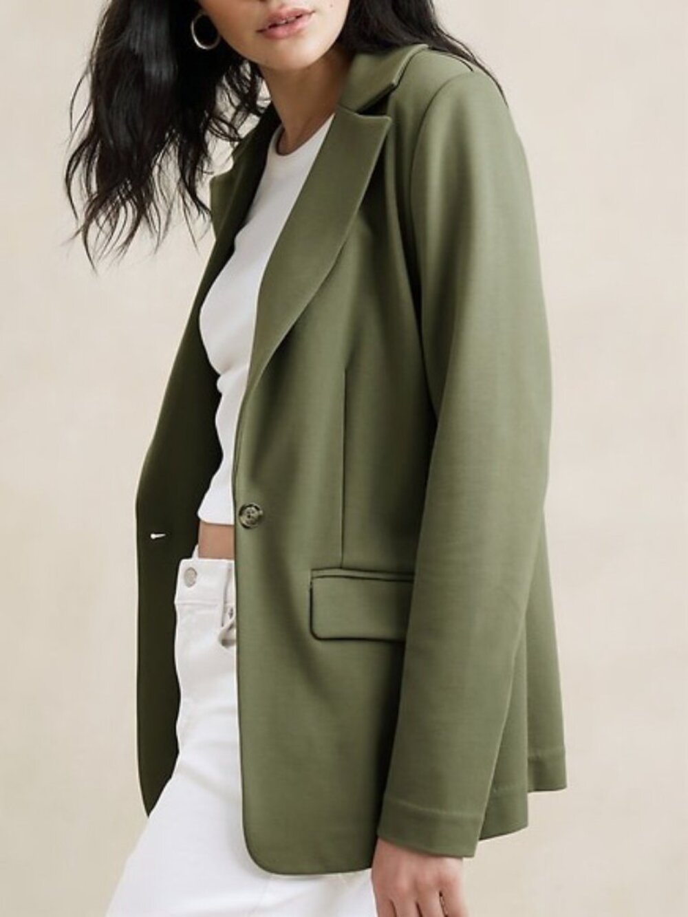 New BR Long & Lean Ponte Knit Blazer Olive Green Medium